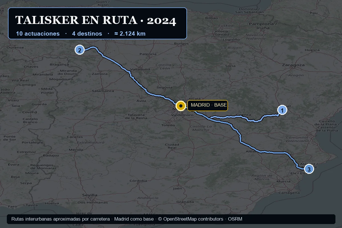 Mapa de las rutas por carretera de Talisker Band en 2024 desde Madrid hasta Villastar, Torneros de la Valdería y Alicante