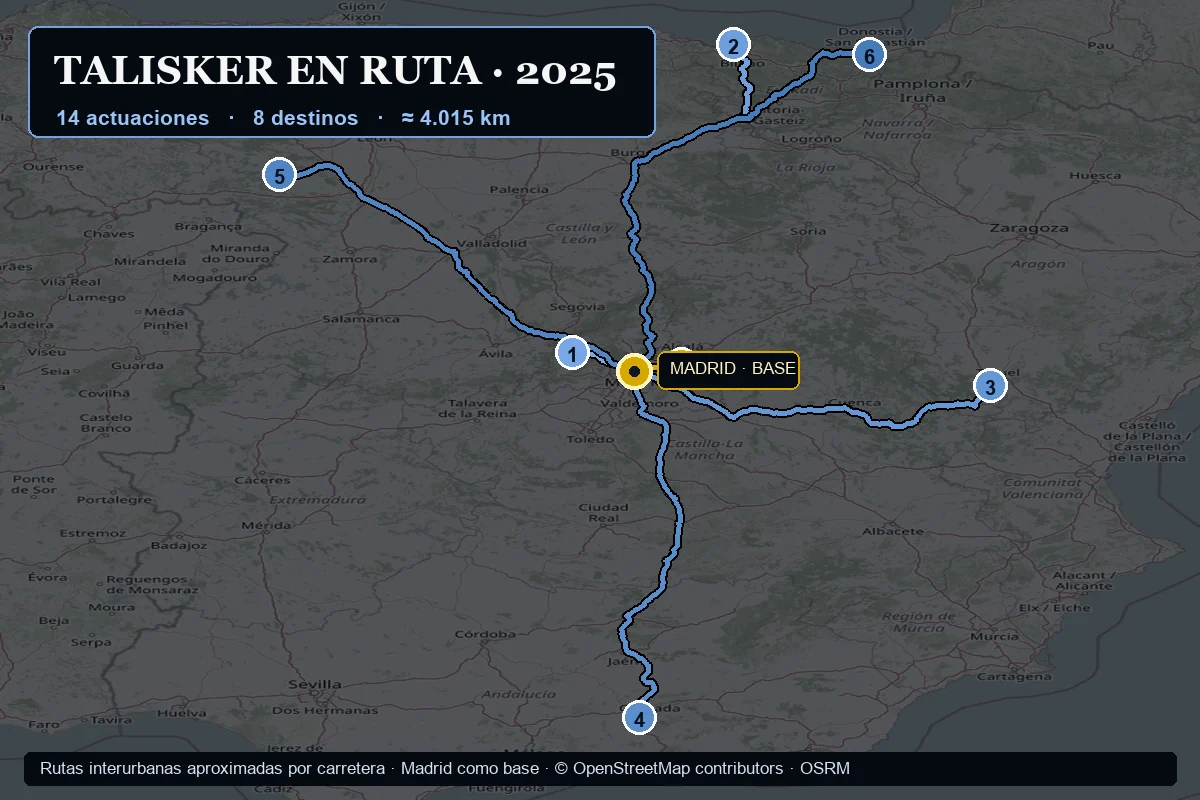 Mapa de las rutas por carretera de Talisker Band en 2025 desde Madrid hasta El Escorial, Berango, Villastar, Cúllar Vega, Torneros de la Valdería, Lasarte-Oria y Alcalá de Henares