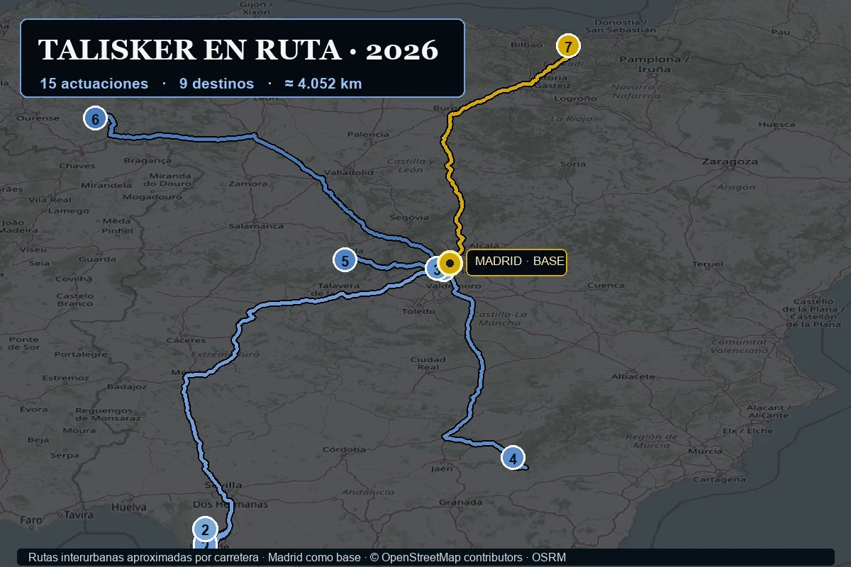 Mapa de las rutas por carretera de Talisker Band en 2026 desde Madrid hasta Leganés, Trebujena, Alcorcón, Pozo Alcón, Quesada, Navalmoral de la Sierra, Manzaneda y Ermua