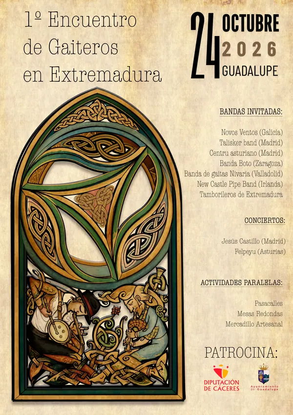 Cartel del 1.º Encuentro de Gaiteros en Extremadura, el 24 de octubre de 2026 en Guadalupe